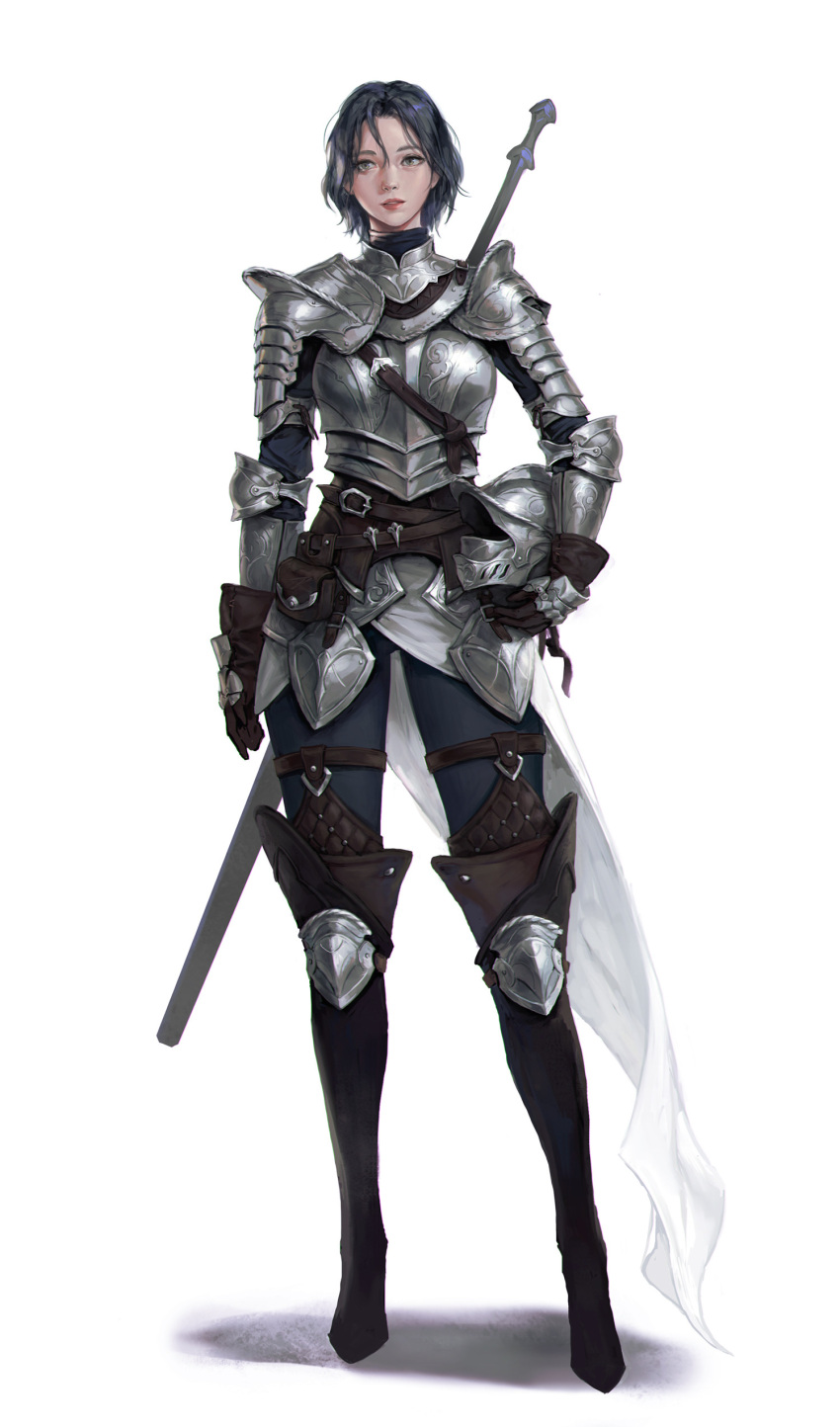 1girl absurdres armor black_hair breastplate brown_gloves commentary english_commentary full_armor full_body gloves green_eyes hair_between_eyes headwear_removed helmet helmet_removed highres holding holding_helmet original parted_lips pauldrons short_hair shoulder_armor sideways_glance solo standing sword sword_on_back weapon weapon_on_back whata white_background