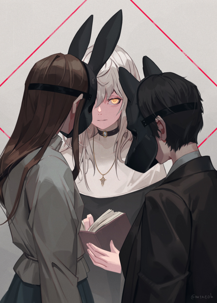 1boy 1girl 1other ambiguous_gender black_hair blazer book brown_hair choker dress glowing glowing_eyes grey_hair highres holding holding_book jacket jewelry jiro_(ninetysix) long_hair long_sleeves mask necklace nun original rabbit_mask shirt twitter_username wolf_mask yellow_eyes