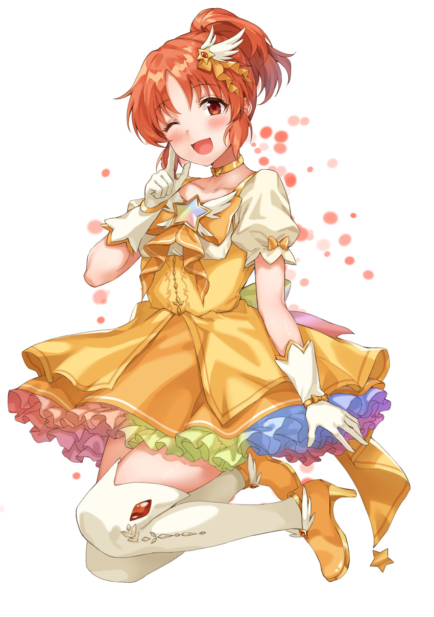 1girl ;d abe_nana absurdres blush bow breasts brooch brown_eyes brown_hair choker collarbone dot_nose dress finger_to_cheek full_body gloves gradient_dress hair_bow hair_ornament hand_up high_heels highres idolmaster idolmaster_cinderella_girls idolmaster_cinderella_girls_starlight_stage index_finger_raised jewelry looking_at_viewer magical_girl medium_breasts one_eye_closed open_mouth ponytail short_hair short_sleeves simple_background sirurabbit smile solo star_(symbol) star_brooch star_hair_ornament thigh-highs white_background white_gloves white_thighhighs wing_hair_ornament yellow_choker yellow_dress