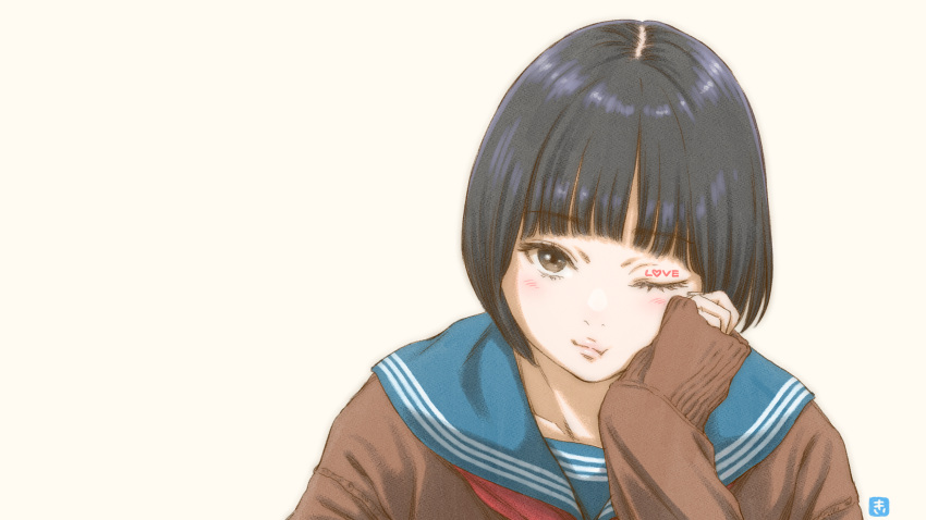 1girl black_hair blue_sailor_collar blush brown_cardigan brown_eyes cardigan close-up commentary head_rest highres key_(kagibangou) long_sleeves looking_at_viewer neckerchief one_eye_closed original red_neckerchief sailor_collar school_uniform serafuku short_hair simple_background sleeves_past_wrists solo symbol-only_commentary white_background