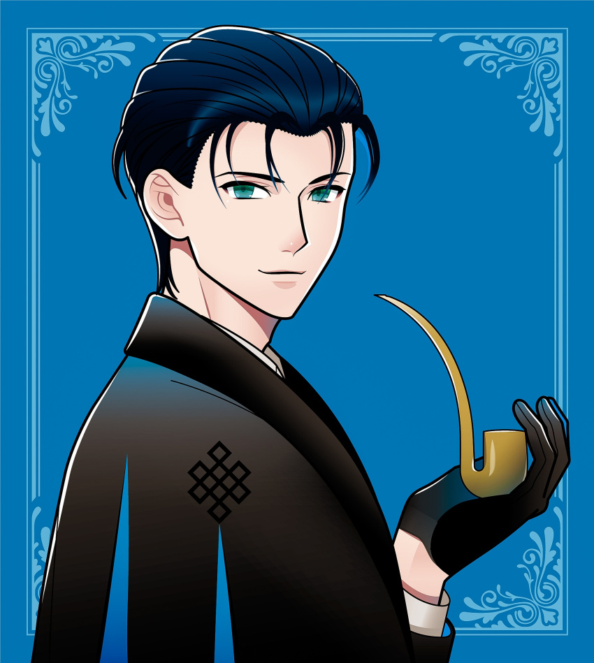 1boy black_capelet black_gloves black_hair blue_background capelet disneysmoo fate/grand_order fate_(series) formal framed from_side gloves green_eyes hair_slicked_back highres holding holding_smoking_pipe long_sleeves looking_at_viewer male_focus sherlock_holmes_(fate) short_hair smile smoking_pipe solo