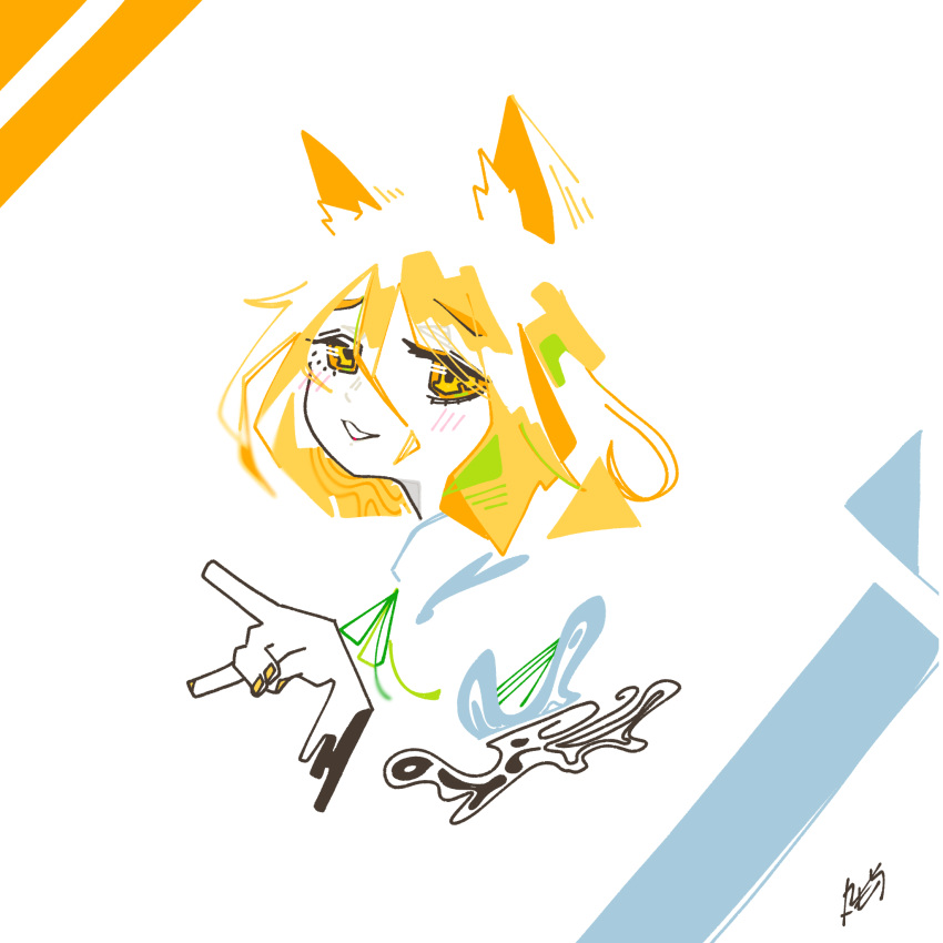 1girl 3ma_can_omochi abstract animal_ear_fluff animal_ears blending blonde_hair blush cropped_shoulders fox_ears fox_girl fox_shadow_puppet from_side green_hair green_ribbon half-closed_eyes highres kudamaki_tsukasa looking_at_viewer looking_to_the_side multicolored_hair neck_ribbon open_mouth raised_eyebrows ribbon shirt signature smirk solo touhou white_background white_hair white_shirt yellow_eyes yellow_nails