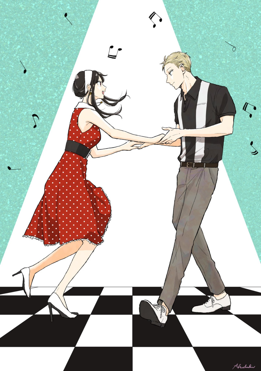 1boy 1girl akdk831 artist_name belt black_belt black_hair black_shirt blonde_hair brown_pants dancing dress from_side green_background hairband high_heels highres long_hair musical_note musical_note_print pants polka_dot polka_dot_dress red_dress shirt shoes short_hair spy_x_family twilight_(spy_x_family) two-tone_shirt white_background white_footwear white_hairband white_shirt yor_briar