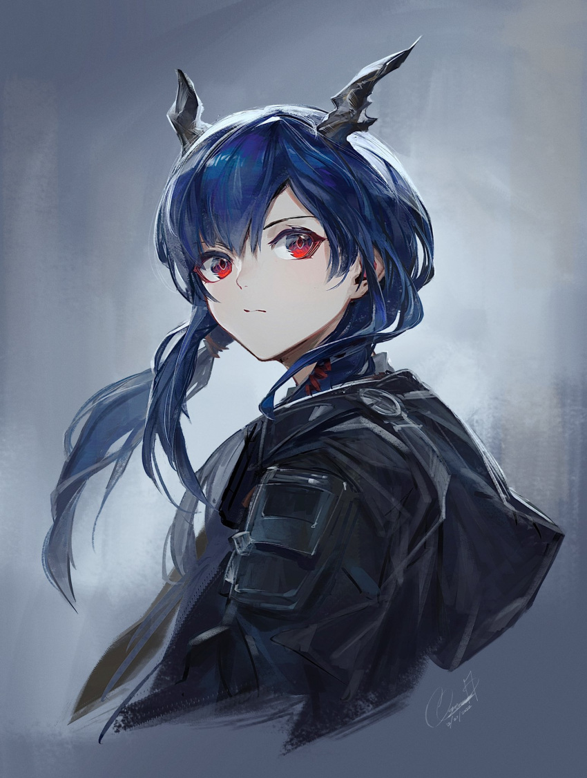 1girl arknights black_jacket blue_hair ch'en_(arknights) clarenceman0605 closed_mouth cropped_torso dated frown highres hood hood_down hooded_jacket horns jacket long_hair long_sleeves looking_to_the_side red_eyes signature solo twintails upper_body walkie-talkie
