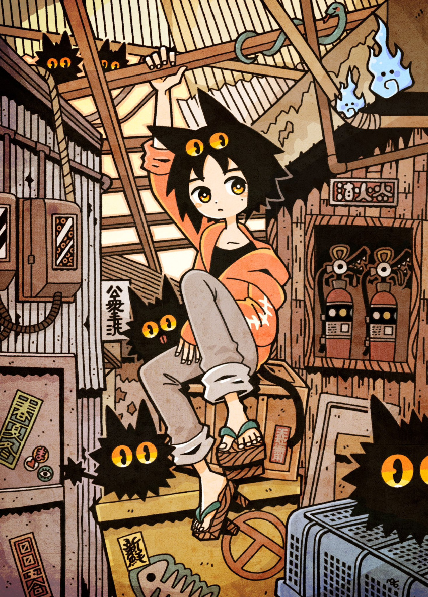 1girl :&lt; animal_ears black_shirt blush_stickers cat cat_ears closed_mouth collarbone fire_extinguisher garouma geta hanging_from_ceiling highres hood hoodie industrial_pipe long_sleeves mole mole_under_eye orange_eyes orange_hoodie original pants rafters shirt short_hair sleeve_rolled_up snake spiked_tail sprite sticker tail