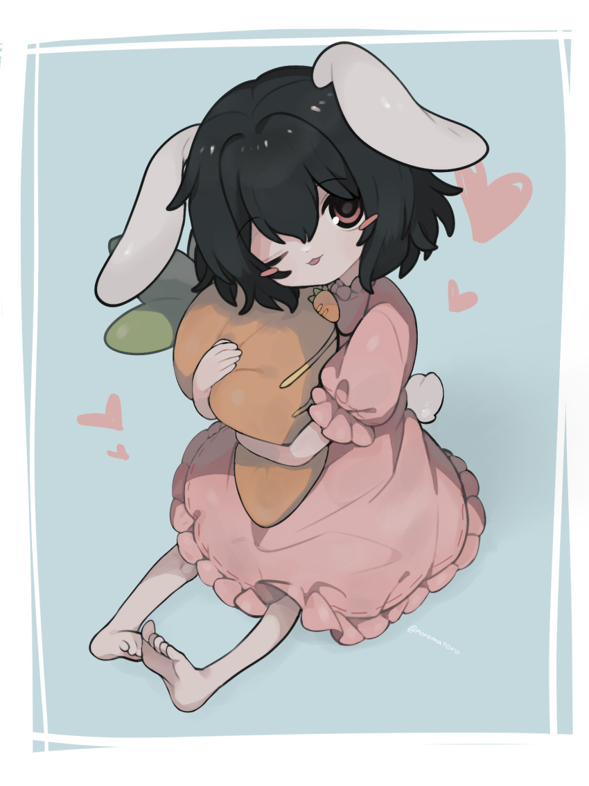 1girl :3 animal_ears barefoot black_hair blush_stickers carrot_necklace commentary_request dress floppy_ears frilled_dress frilled_sleeves frills full_body hair_between_eyes hair_intakes heart highres inaba_tewi jewelry looking_at_viewer medium_bangs necklace noromatoro object_hug one_eye_closed open_mouth pink_dress rabbit_ears rabbit_girl rabbit_tail red_eyes short_hair short_sleeves smile solo stuffed_carrot tail toes touhou