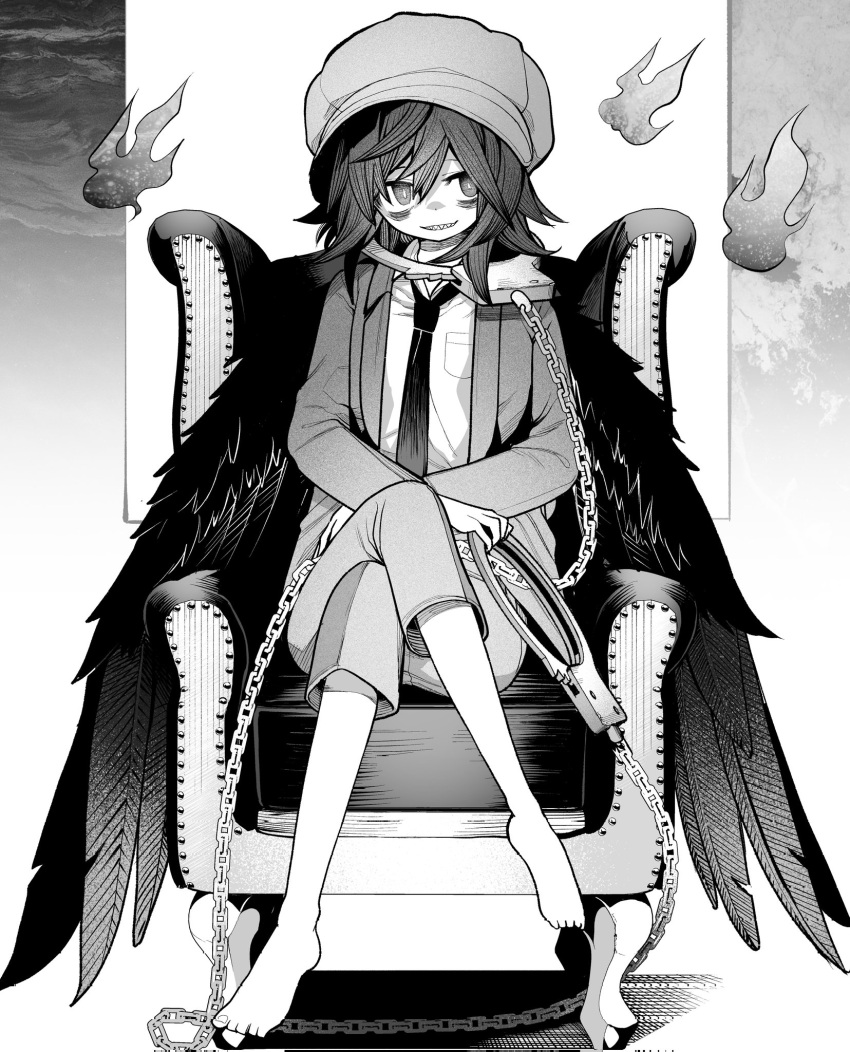 1girl akimaki_yuu bags_under_eyes barefoot bird chain chair commission corruption crossed_legs crow cuffs dark_persona evil_smile fire flame foul_detective_satori greyscale handcuffs hat highres holding holding_handcuffs jacket looking_to_the_side miyadeguchi_mizuchi monochrome necktie pants possessed second-party_source shameimaru_aya sitting smile solo touhou wings