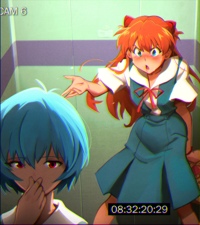 2girls :o absurdres arm_at_side ayanami_rei blue_eyes blue_hair blush brown_hair collarbone hand_on_own_nose hand_up highres indoors khyle. long_hair looking_at_another multiple_girls neck_ribbon neon_genesis_evangelion open_mouth pleated_skirt red_eyes red_ribbon reference_request ribbon school_uniform shirt short_hair short_sleeves skirt souryuu_asuka_langley sweat timestamp tokyo-3_middle_school_uniform white_shirt