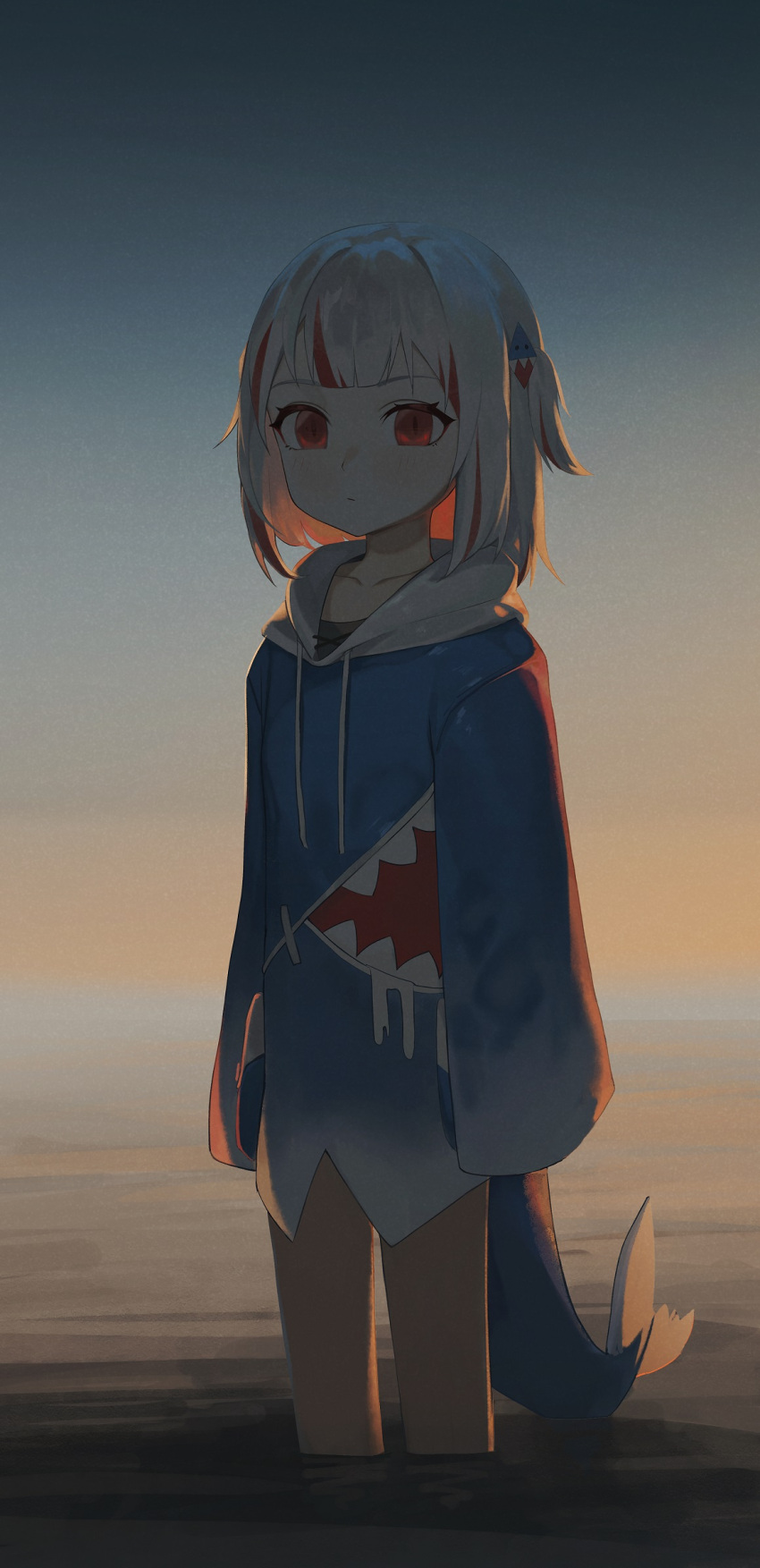1girl blue_hoodie closed_mouth collarbone commentary darkzmonsty drawstring english_commentary fins fish_tail gawr_gura grey_hair hair_ornament highres hololive hololive_english hood hood_down hoodie horizon long_sleeves looking_at_viewer multicolored_hair ocean red_eyes redhead shark_tail sleeves_past_fingers sleeves_past_wrists solo standing streaked_hair tail two_side_up wading water