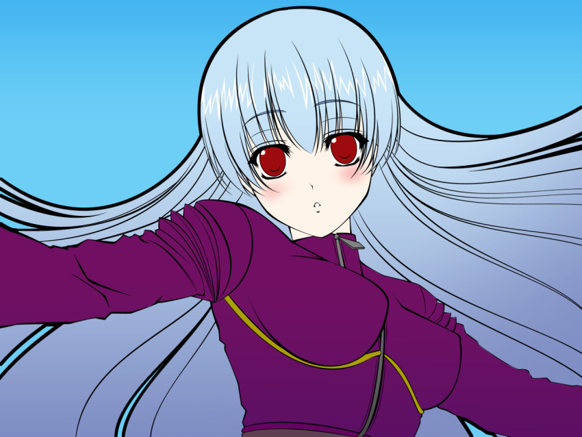 aqua_hair blush breasts king_of_fighters kula_diamond long_hair red_eyes vector_trace wallpaper zipper