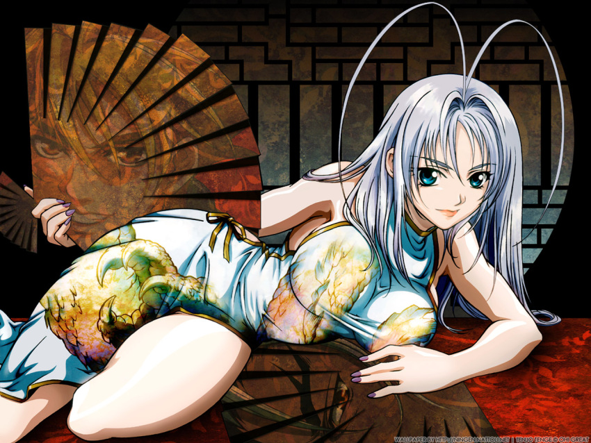 blue_eyes breasts china_dress chinese_clothes dual_wielding fan folding_fan large_breasts lipstick long_hair lying nagi_souichirou nail_polish natsume_maya on_side orange_eyes photoshop silver_hair smile takayanagi_mitsuomi tenjou_tenge thighs wallpaper watermark zoom_layer