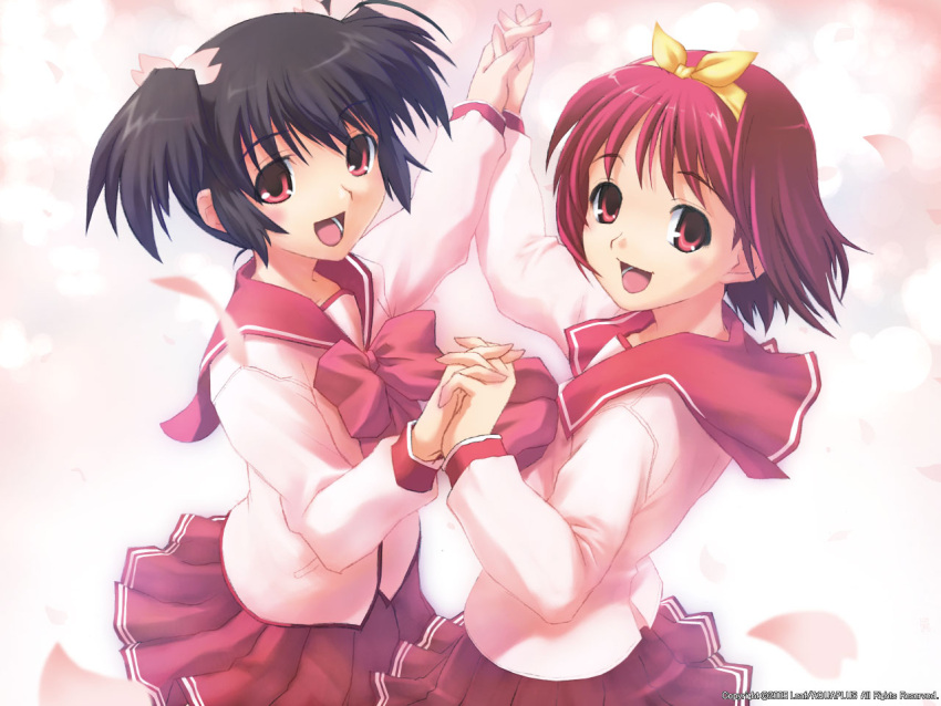 2girls kamigishi_akari multiple_girls pleated_skirt school_uniform serafuku skirt to_heart to_heart_2 wallpaper yuzuhara_konomi