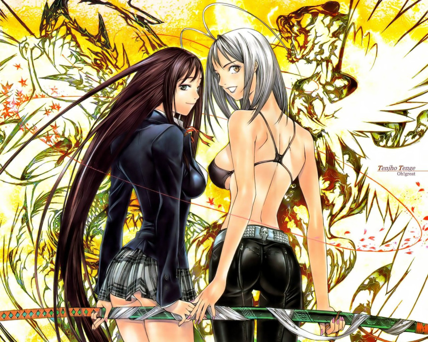 2girls antenna_hair arms_behind_back ass back belt bikini_top black_hair breasts dragon from_behind green_eyes grey_eyes large_breasts leather_pants long_hair looking_back multiple_girls nail_polish natsume_aya natsume_maya nodachi oogure_ito panties plaid school_uniform sheath short_hair sideboob skirt skull smile sword tenjou_tenge underwear very_long_hair weapon white_hair white_panties yellow_eyes