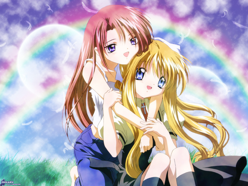 air feathers hug kamio_haruko kamio_misuzu rainbow