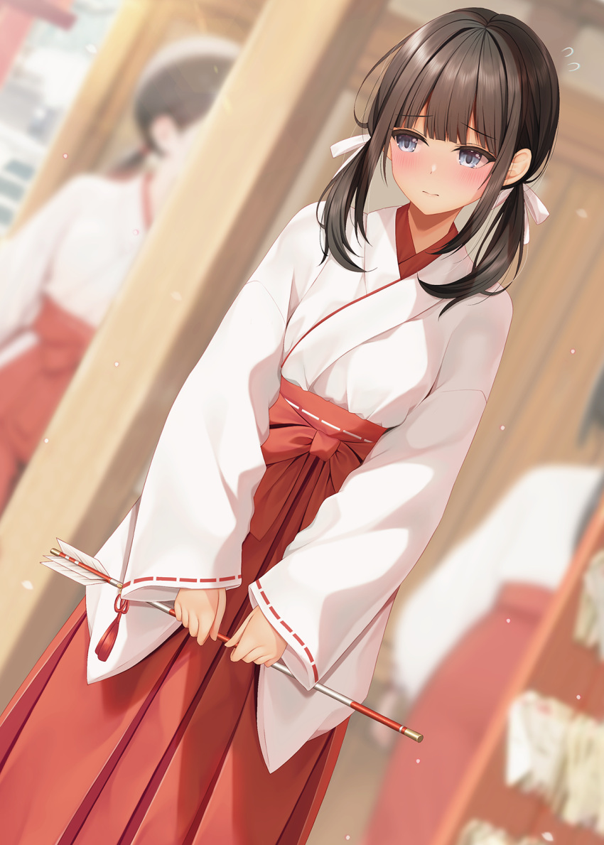 3girls arrow_(projectile) averting_eyes blurry blurry_background blush brown_hair closed_mouth commentary_request grey_eyes hakama hakama_skirt hamaya highres holding holding_arrow japanese_clothes long_hair long_skirt long_sleeves miko minato_ojitan multiple_girls original red_skirt sidelocks skirt solo_focus tan variant_set