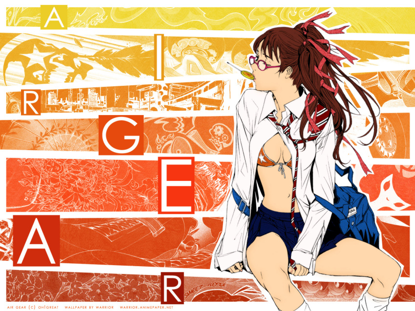 air_gear bag bikini_top breasts brown_hair candy cleavage front-tie_top glasses hair_ribbon highres kneehighs lollipop long_hair loose_socks mouth_hold navel necktie noyamano_ringo oogure_ito open_clothes open_shirt ribbon school_bag school_uniform shirt sitting skirt socks solo star twintails wallpaper wink