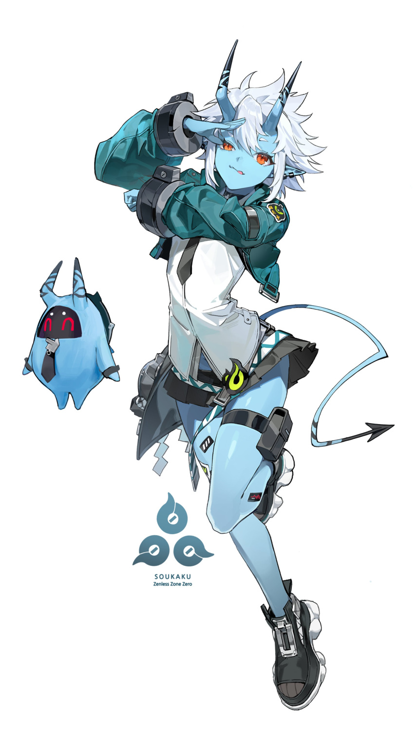 1girl absurdres aqua_jacket arm_up bangboo_(zenless_zone_zero) black_necktie black_shoes blue_horns blue_oni blue_skin blue_tail colored_skin earrings full_body hair_between_horns hashtag-only_commentary highres horns jacket jewelry leg_up looking_at_viewer metal_wrist_cuffs multicolored_horns necktie oni pointy_ears pouch red_eyes salute shirt shoes short_hair simple_background skin-covered_horns soukaboo_(zenless_zone_zero) soukaku_(zenless_zone_zero) thigh_pouch tongue tongue_out two-tone_horns two-tone_tail white_background white_hair white_shirt wz_(woyzeck) zenless_zone_zero