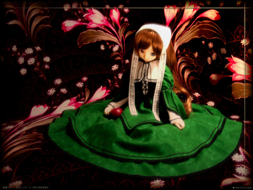 brown_hair doll dress heterochromia long_hair photo realistic rozen_maiden suiseiseki wallpaper