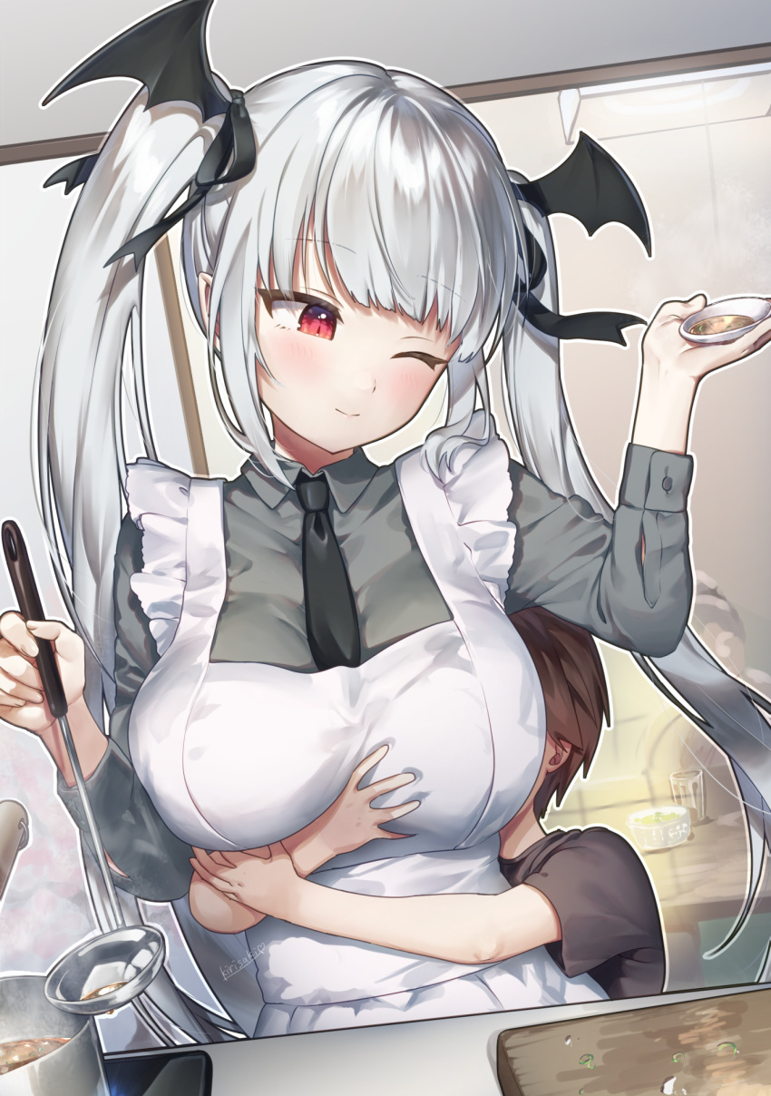 1boy 1girl age_difference bangs blush breasts brown_hair cooking cup cutting_board drinking_glass eyebrows_visible_through_hair highres hug kirisaki_shuusei ladle long_hair necktie one_eye_closed original pointy_ears pot red_eyes silver_hair smile tasting twintails