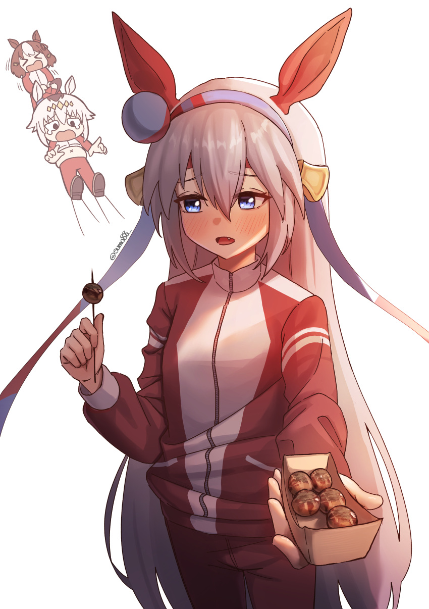>_< 3girls absurdres ahoge animal_ears belno_light_(umamusume) blue_eyes blue_hairband blush brown_hair closed_eyes commentary ear_covers ear_ornament ear_ribbon fang food grey_hair hair_between_eyes hair_ornament hairband headband highres holding holding_food horse_ears horse_girl jacket letter_hair_ornament long_hair long_sleeves midriff multicolored_hair multicolored_hairband multiple_girls navel oguri_cap_(umamusume) open_mouth pants red_headband red_jacket red_pants red_track_suit short_hair striped_clothes striped_hairband sumosumo takoyaki tamamo_cross_(umamusume) tearing_up toothpick tracen_training_uniform track_jacket track_pants track_suit two-tone_hair two-tone_hairband umamusume umamusume:_cinderella_gray very_long_hair white_hair