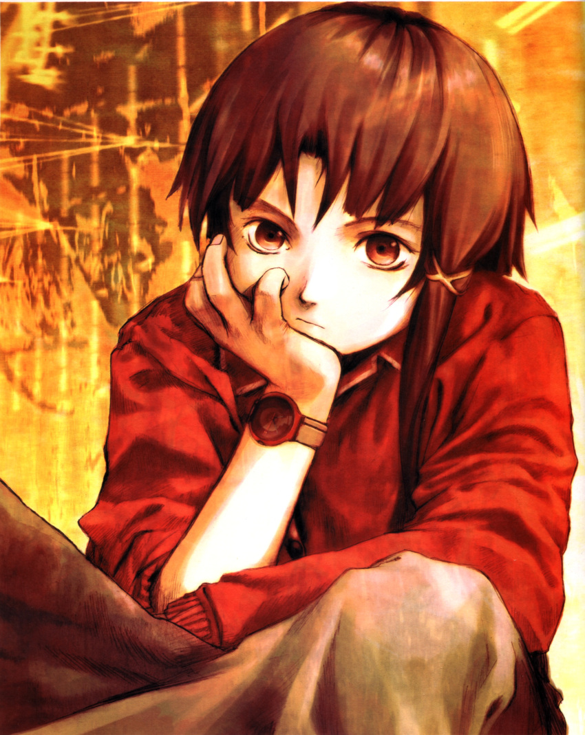 abe_yoshitoshi absurdres artbook brown_eyes brown_hair hair_ornament hairclip hand_on_own_cheek hand_on_own_face highres iwakura_lain official_art scan serial_experiments_lain short_hair sitting skirt solo watch wristwatch