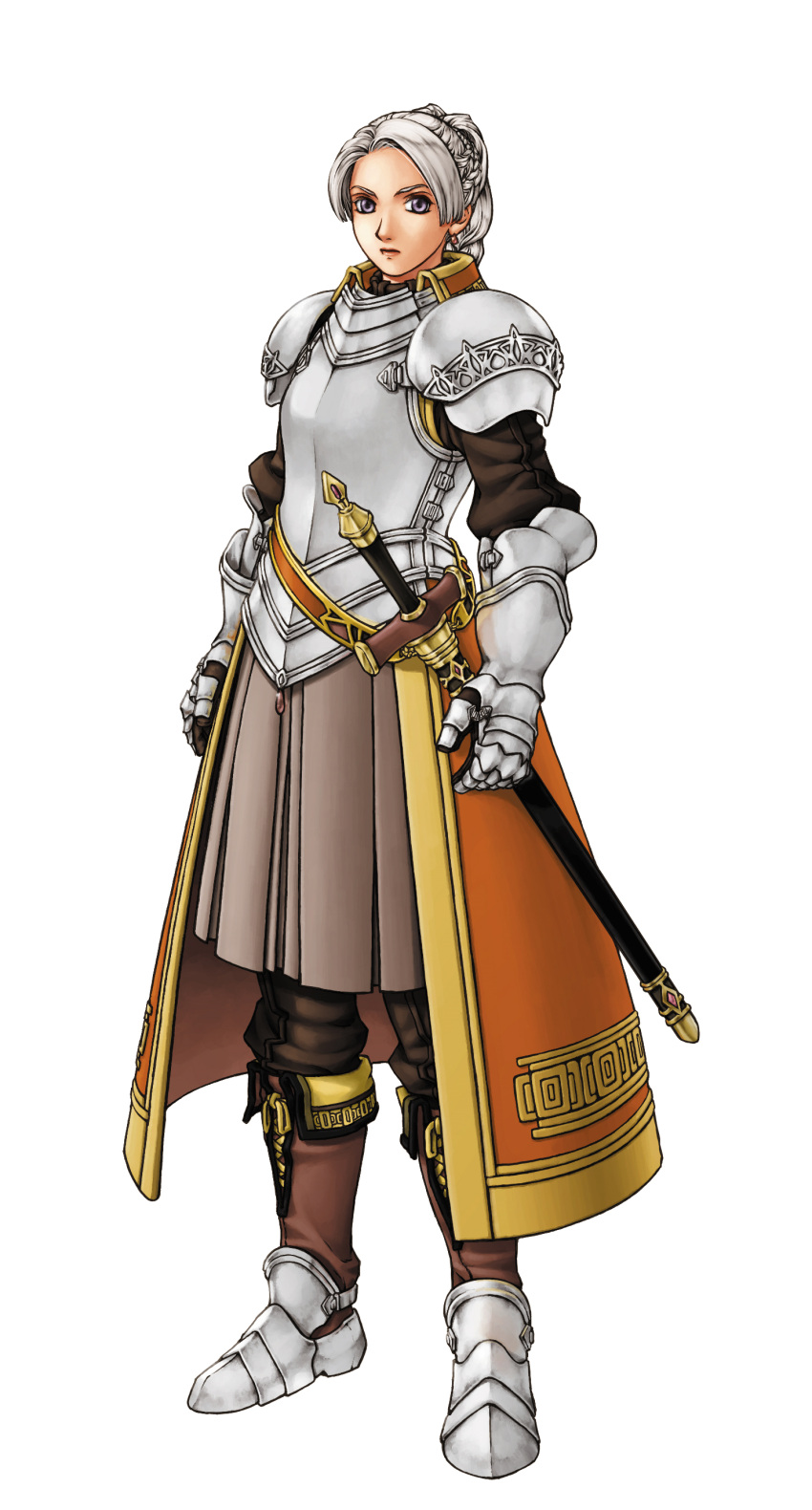 1girl absurdres armor armored_boots armored_dress boots braid chris_lightfellow closed_mouth female full_body gauntlets gem gensou_suikoden gensou_suikoden_iii highres ishikawa_fumi lips lipstick looking_at_viewer official_art parted_bangs pauldrons pleated_skirt purple_eyes sheath sheathed sheathed_sword shoulder_armor silver_hair simple_background single_braid skirt solo standing suikoden suikoden_iii sword violet_eyes weapon white_background
