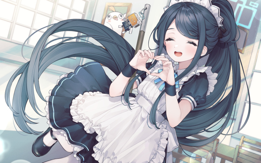 &lt;key&gt;_(blue_archive) &lt;key&gt;_(robot)_(blue_archive) 1girl apron aris_(blue_archive) aris_(maid)_(blue_archive) black_footwear blue_archive blue_hair blue_ribbon blush chair closed_eyes commentary_request dress halo heart heart_hands highres k_four_nine korean_commentary long_hair looking_at_viewer maid maid_apron maid_headdress open_mouth pantyhose peroro_(blue_archive) ribbon shoes smile solo sunlight table very_long_hair white_dress white_pantyhose