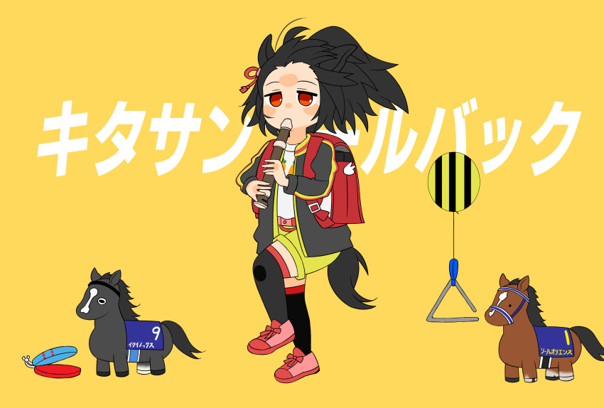 1girl absurdres aged_down animal_ears aramori_susumu bag black_hair commentary_request equinox_(racehorse) flute forehead full_body hair_ornament highres horse horse_ears horse_tail instrument kitasan_black_(umamusume) kyoufuu_all_back_(vocaloid) leg_up music parody playing_instrument red_eyes shorts standing standing_on_one_leg tail thigh-highs translation_request umamusume vocaloid yellow_background