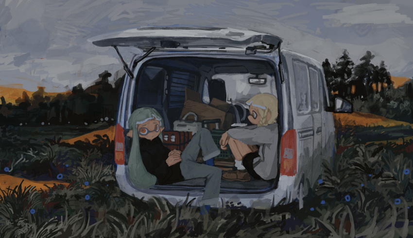 2girls agent_3_(splatoon) agent_3_(splatoon_3) bag black_hoodie blonde_hair blue_socks box braid cardboard_box clouds cloudy_sky dr_mice grass green_hair highres hood hoodie inkling inkling_girl long_hair long_sleeves looking_at_viewer motor_vehicle multiple_girls orange_eyes outdoors reclining side_braid sitting sky socks splatoon_(series) splatoon_3 tentacles tree van white_socks