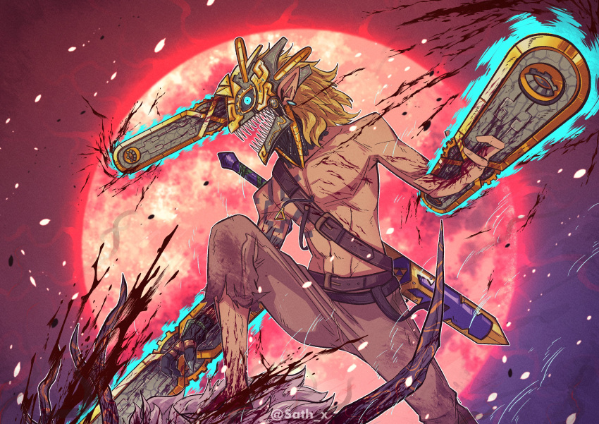 1boy absurdres arm_tattoo aura blonde_hair blood blood_on_weapon blood_splatter blood_spray blue_eyes brown_pants chainsaw chainsaw_man cosplay dark_aura denji_(chainsaw_man) denji_(chainsaw_man)_(cosplay) earrings highres jewelry link master_sword medium_hair moon night pants parody pointy_ears red_moon sath scabbard sharp_teeth sheath single_earring stylized_blood tattoo teeth the_legend_of_zelda the_legend_of_zelda:_tears_of_the_kingdom torn_clothes triforce_print weapon