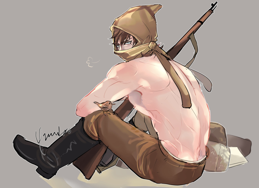 1boy bird bird_on_leg blue_eyes bolt_action boots brown_hair full_body fur_hat golden_kamuy gun hat looking_at_viewer male_focus mask mosin-nagant mouth_mask rifle short_hair sitting solo toned toned_male topless_male vasily_(golden_kamuy) weapon yumi_(soak1111)