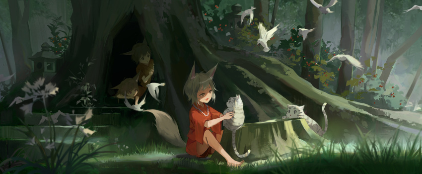 3girls animal animal_ear_fluff animal_ears barefoot bird blurry blurry_foreground brown_eyes brown_hair commentary day fang forest fox_ears fox_girl fox_tail grass highres holding holding_animal japanese_clothes jewelry looking_at_animal multiple_girls nature necklace on_grass on_ground open_mouth original outdoors parted_lips pearl_necklace peeking red_footwear red_shirt sanse_(sssei_33) scenery shirt short_hair short_sleeves sitting smile stone_lantern tail tiger tiger_cub tree tree_hollow tree_stump white_bird white_tiger wide_sleeves