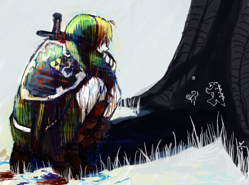 1boy absurdres back blonde_hair drawing exhausted fingerless_gloves full_body gloves green_headwear green_tunic hat highres hylian_shield knee_up link outdoors scribble shield short_hair solo squatting sword the_legend_of_zelda the_legend_of_zelda:_ocarina_of_time tree warningyou weapon