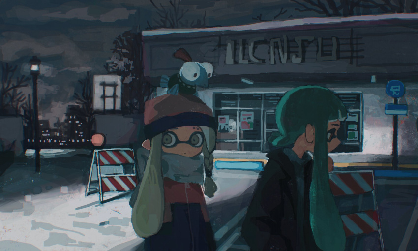 2girls agent_3_(splatoon) agent_3_(splatoon_3) braid building closed_mouth clouds dr_mice green_hair hat highres inkling inkling_girl jacket lamppost little_buddy_(splatoon) long_sleeves multiple_girls night on_head outdoors parking_lot pointy_ears salmonid scarf shop side_braid sign sky smallfry_(splatoon) splatoon_(series) splatoon_3 tentacle_hair tree