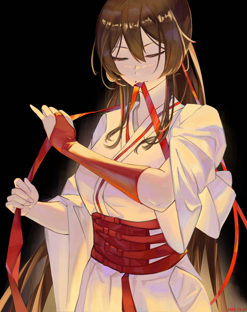 1girl black_background bridal_gauntlets brown_hair closed_eyes hair_ribbon highres jigokuraku kylwooo long_hair mouth_hold obi red_ribbon ribbon ribbon_in_mouth robe sash simple_background solo tying_hair white_robe yamada_asaemon_sagiri