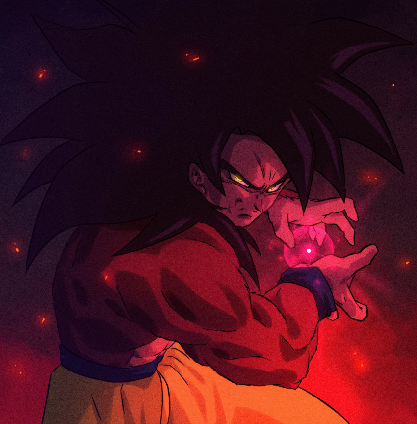 1boy absurdres biceps black_hair body_fur ch_nadhir closed_mouth dragon_ball dragon_ball_gt highres incoming_attack kamehameha long_hair looking_at_viewer male_focus monkey_boy muscular muscular_male pants red_fur saiyan sash solo son_goku spiky_hair super_saiyan super_saiyan_4 yellow_pants