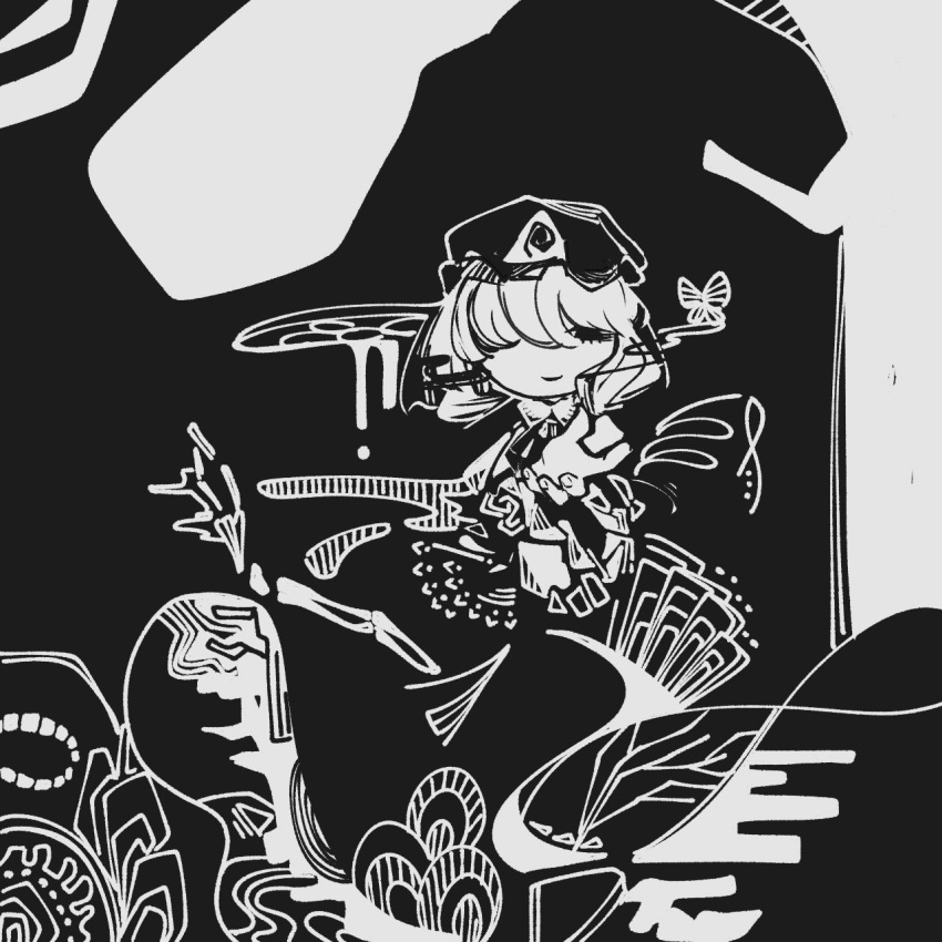1girl 3ma_can_omochi abstract beckoning black_theme bone bug butterfly commentary dress hair_over_one_eye half-closed_eyes hat highres light_smile looking_at_viewer mob_cap monochrome no_pupils one_eye_covered outstretched_hand saigyouji_yuyuko short_hair solo straight-on touhou triangular_headpiece