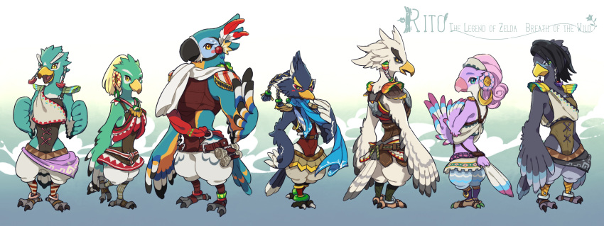 2girls 5boys amali_(zelda) animal_feet anklet aqua_fur arm_at_side armor arms_at_sides arms_behind_back bare_shoulders beak belt bird_boy bird_girl bird_legs bird_tail black_fur black_hair blonde_hair blue_background blue_eyes blue_fur blue_hair blush_stickers body_fur braid breastplate claws clenched_hands closed_mouth commentary_request copyright_name earrings english_text feather_hair_ornament feathers from_behind from_side full_body furry furry_female furry_male fyson_(zelda) gradient_background green_eyes green_fur hair_ornament hair_tubes hairband hand_on_own_hip hand_to_own_mouth hand_up hands_up happy harth_(zelda) heel_up highres hoop_earrings husband_and_wife jewelry kass leg_warmers looking_at_viewer looking_back medium_hair multicolored_fur multiple_boys multiple_girls open_mouth own_hands_together paper pink_hair purple_fur red_feathers red_shirt revali rito saki_(zelda) scarf scroll shirt short_hair shoulder_pads sleeveless sleeveless_shirt smile standing swept_bangs tail teba_(zelda) the_legend_of_zelda the_legend_of_zelda:_breath_of_the_wild thick_eyebrows ukata v-shaped_eyebrows white_fur white_hair white_hairband white_scarf white_shirt wings yellow_eyes yellow_fur