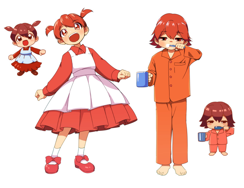 1girl arc_the_lad barefoot bow brushing_teeth chibi choko_(arc_the_lad) dress full_body happy looking_at_viewer ooo open_mouth pajamas red_eyes redhead redrawn shoes short_hair short_twintails simple_background skirt smile socks solo twintails white_background