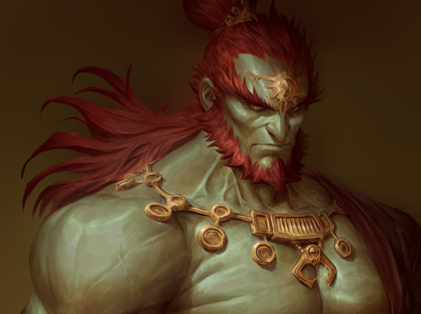 1boy brown_background closed_mouth collarbone dave_rapoza ganondorf gradient_background hair_bun highres jewelry looking_at_viewer muscular muscular_male necklace ponytail redhead serious shiny_skin single_hair_bun solo the_legend_of_zelda upper_body