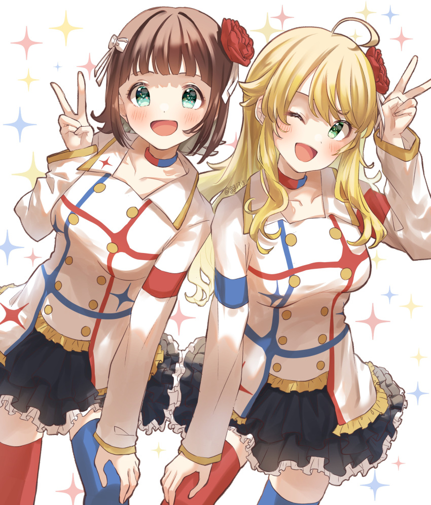 2girls :d ;d absurdres ahoge amami_haruka arm_up asymmetrical_legwear black_skirt blonde_hair blue_thighhighs breasts brown_hair choker collarbone cowboy_shot dot_nose flower frilled_skirt frills ggi315 green_eyes hair_flower hair_ornament hair_ribbon hand_on_own_knee hand_up highres hoshii_miki idolmaster idolmaster_(classic) idolmaster_million_live! idolmaster_million_live!_theater_days idolmaster_movie jacket long_hair long_sleeves looking_at_viewer medium_breasts miniskirt mismatched_legwear multicolored_choker multiple_girls one_eye_closed open_mouth red_flower red_thighhighs ribbon short_hair skirt smile starpiece_memories_(idolmaster) starry_background thigh-highs v white_background white_jacket white_ribbon