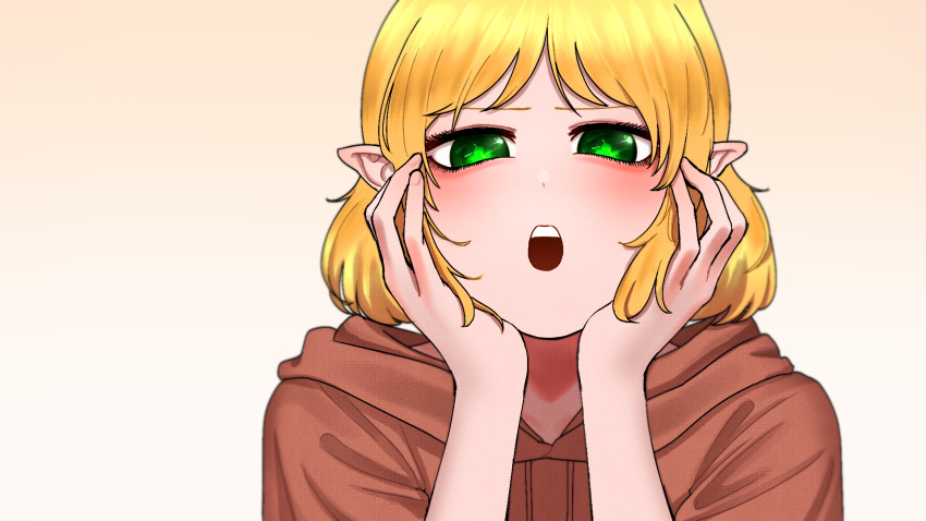 1girl :o alternate_costume blonde_hair blush brown_background brown_hoodie commentary eyelashes green_eyes hands_on_own_cheeks hands_on_own_face highres hood hood_down hoodie looking_at_viewer mizuhashi_parsee open_mouth pointy_ears short_hair solo teeth touhou upper_body upper_teeth_only yokozuna_iwashi
