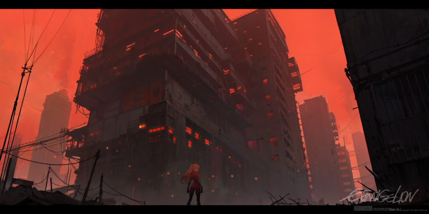 1girl abandoned blue_eyes building city cityscape commentary_request copyright_name fog from_behind letterboxed looking_at_viewer looking_back neon_genesis_evangelion nido_(sebamaster) orange_hair outdoors plugsuit ponytail post-apocalypse power_lines red_sky ruins scenery sky skyscraper solo souryuu_asuka_langley utility_pole watermark wide_shot
