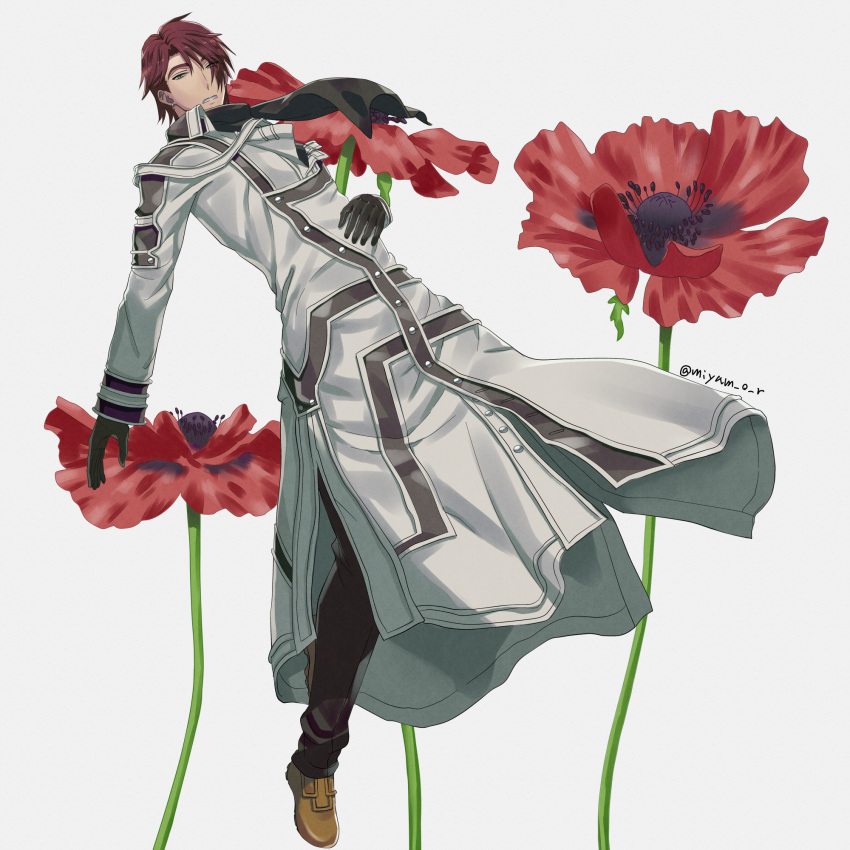 1boy albert_silverberg arched_back black_gloves black_pants black_scarf brown_footwear coat flower flower_request full_body gensou_suikoden gensou_suikoden_iii gloves green_eyes hand_on_own_stomach highres looking_at_viewer male_focus miyamoto_(miyam_o_r) pants redhead scarf shoes simple_background solo twitter_username white_background white_coat