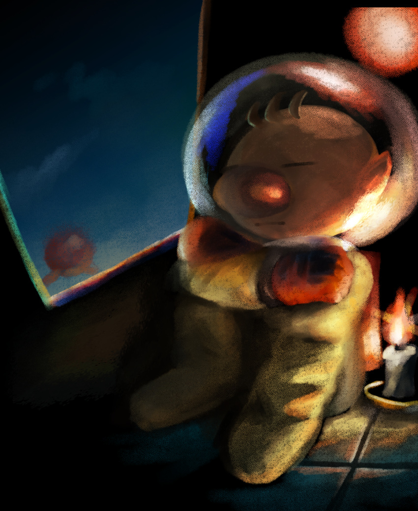 1boy absurdres big_nose brown_hair candle caustics closed_eyes curled_up frown gloves helmet highres iat-418 lit_candle night night_sky olimar onion_(pikmin) pikmin_(series) radio_antenna red_bag red_gloves sitting sky space_helmet spacecraft spacesuit tile_floor tiles window