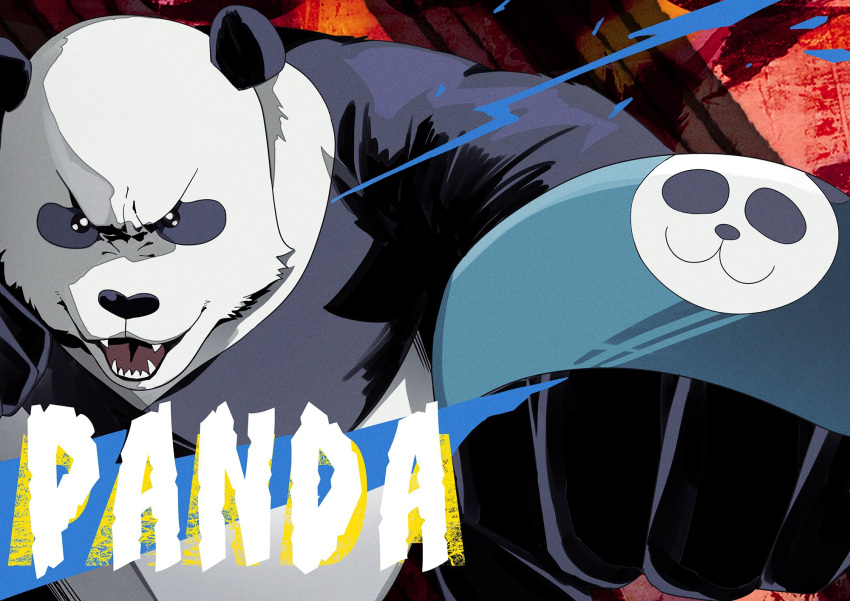 animal character_name clenched_hand fighting_stance hands_up highres jujutsu_kaisen looking_at_viewer no_humans open_mouth panda panda_(jujutsu_kaisen) red_background s_o_i solo