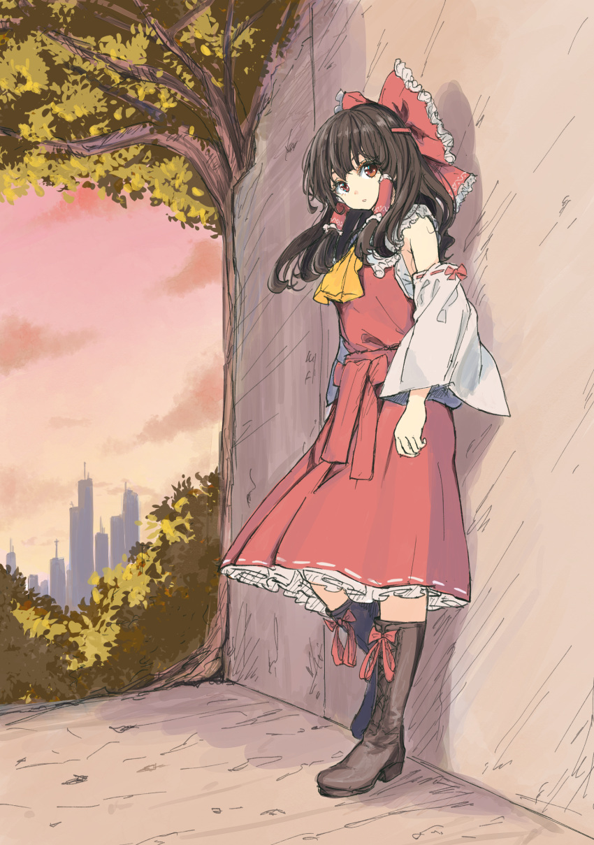 1girl ascot bare_shoulders black_footwear black_hair boots bow detached_sleeves frilled_skirt frills full_body hair_bow hair_tubes hakurei_reimu highres japanese_clothes kashiwada_kiiho knee_boots long_hair nontraditional_miko outdoors red_bow red_eyes red_skirt sidelocks skirt solo touhou tree white_sleeves wide_sleeves yellow_ascot