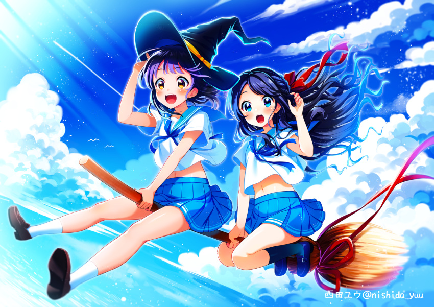 2girls black_hair blue_eyes blue_sky blush broom broom_ribbon broom_riding check_commentary clouds cloudy_sky commentary_request commission day flying hat highres long_hair midriff multiple_girls navel nishida_yuu open_mouth original outdoors pleated_skirt purple_hair ribbon school_uniform serafuku skirt sky summer witch witch_hat yellow_eyes