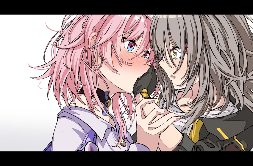 2girls absurdres black_gloves black_jacket blush brown_eyes collared_shirt commentary_request covering_mouth dress_shirt eye_contact gloves grey_hair hair_between_eyes hand_over_another's_mouth highres honkai:_star_rail honkai_(series) jacket letterboxed looking_at_another march_7th_(honkai:_star_rail) multiple_girls nakatokung nose_blush open_clothes open_jacket parted_lips pink_hair shirt simple_background stelle_(honkai:_star_rail) trailblazer_(honkai:_star_rail) upper_body violet_eyes white_background white_shirt yuri