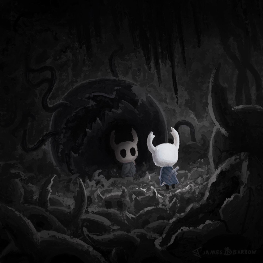 1other artist_name cape cave cloak dark from_behind full_body grey_cloak highres hollow_eyes hollow_knight horns jamesbbarrow knight_(hollow_knight) nail_(hollow_knight) no_humans reflection standing underground weapon